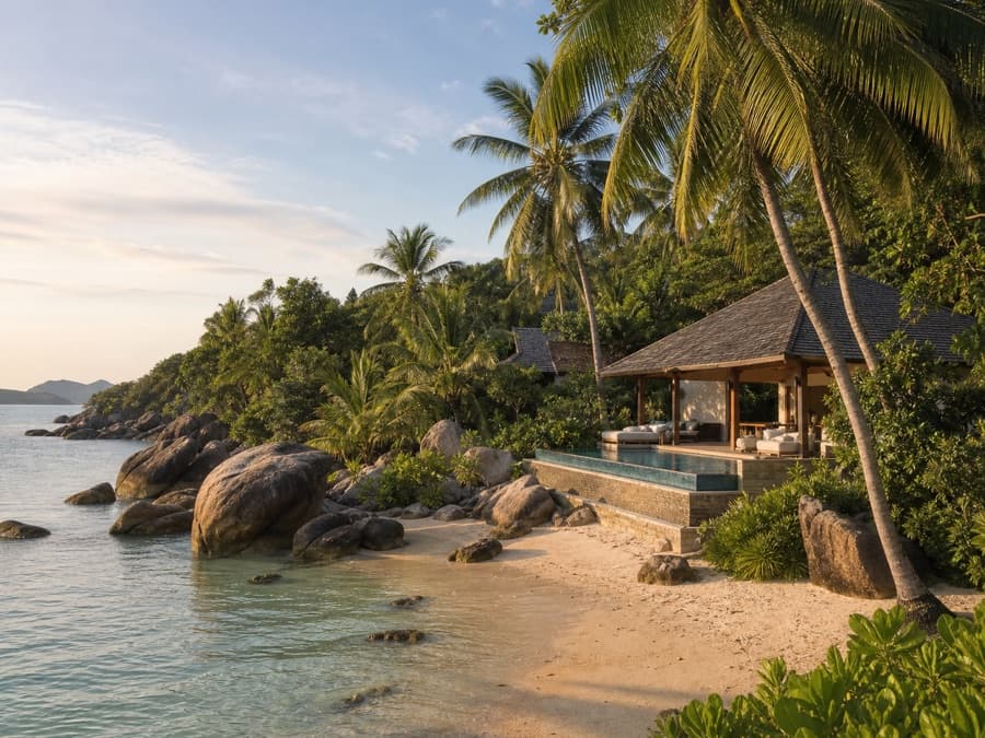 A private-pool pavilion beside a palm-fringed, granite-boulder cove in Koh Samui
