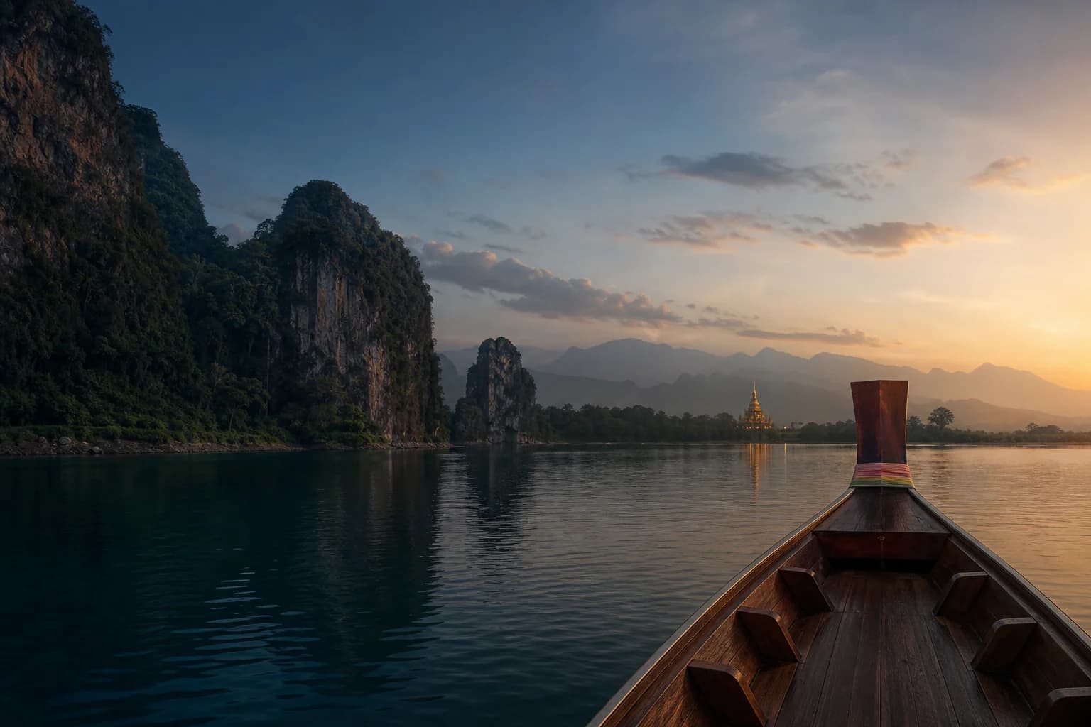 A private long-tail boat crossing a calm Thai landscape at sunrise