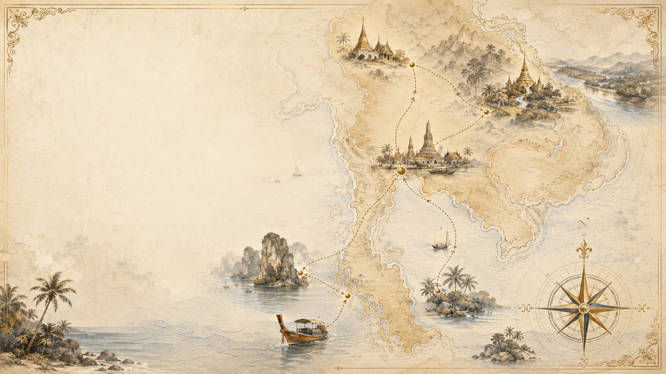 Illustrated map of Thailand tracing luxury journey routes from Bangkok to the north and southern islands