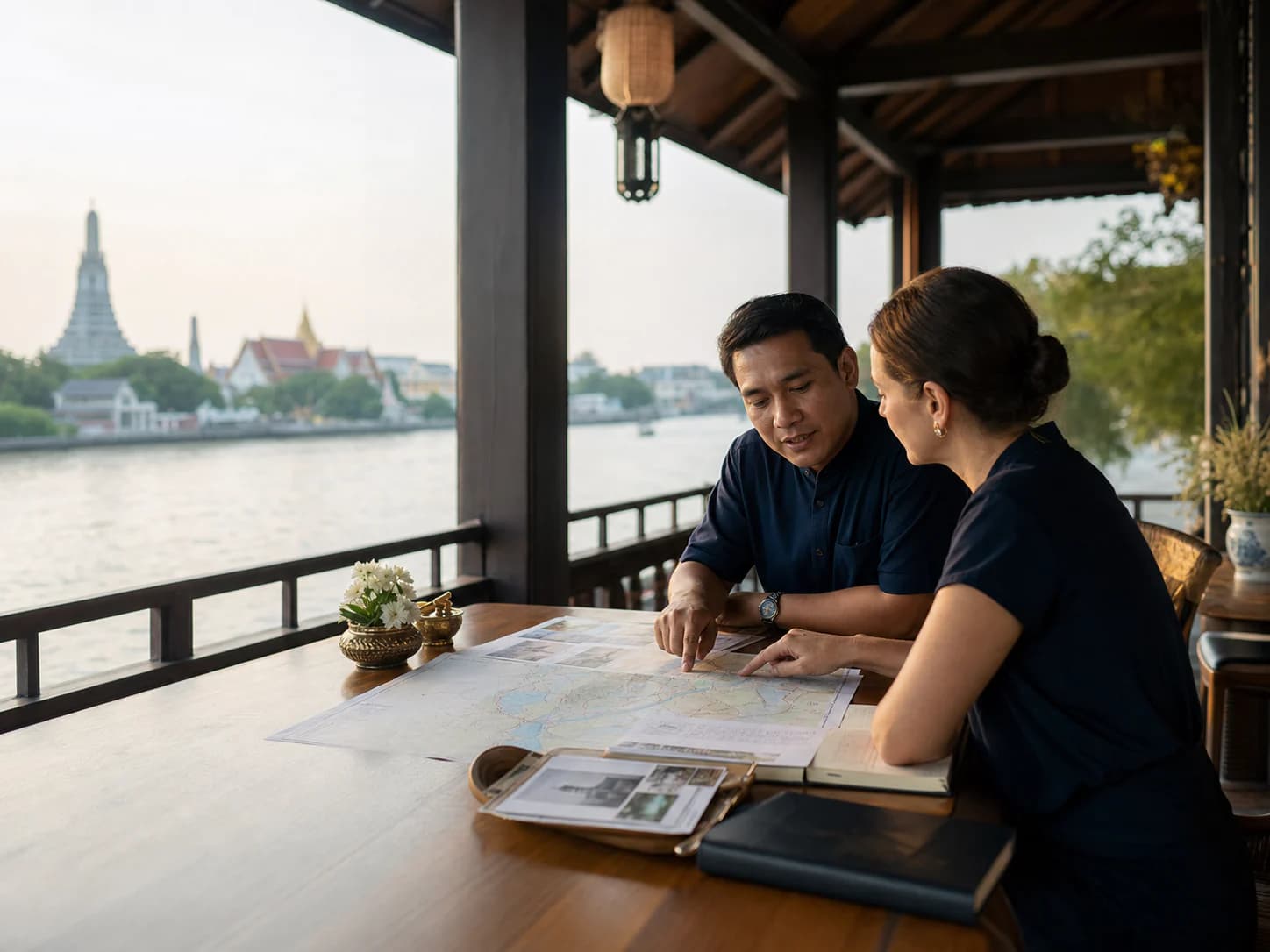 A Thailand travel designer and local guide reviewing a private journey together beside the Chao Phraya River