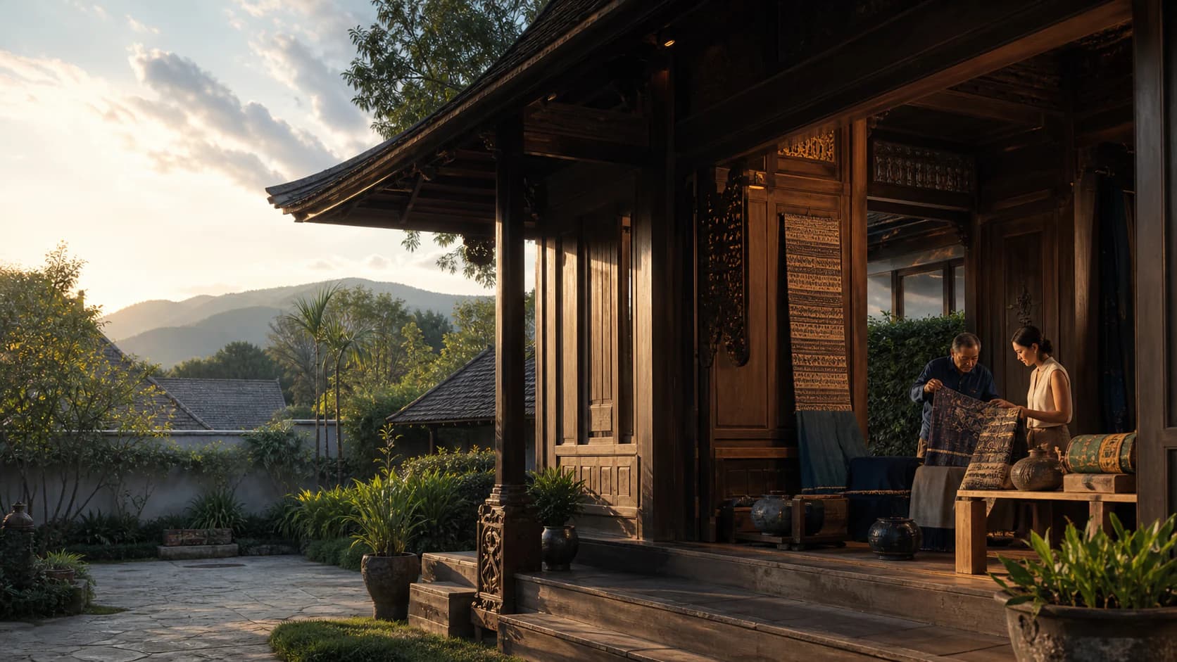 A private guide and travelers exploring refined Thai architecture and craft