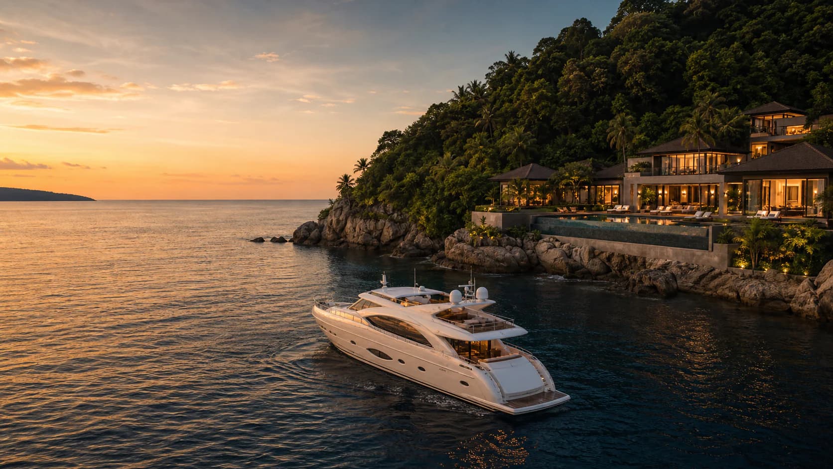 A private yacht moored below a luxury Phuket villa at golden hour