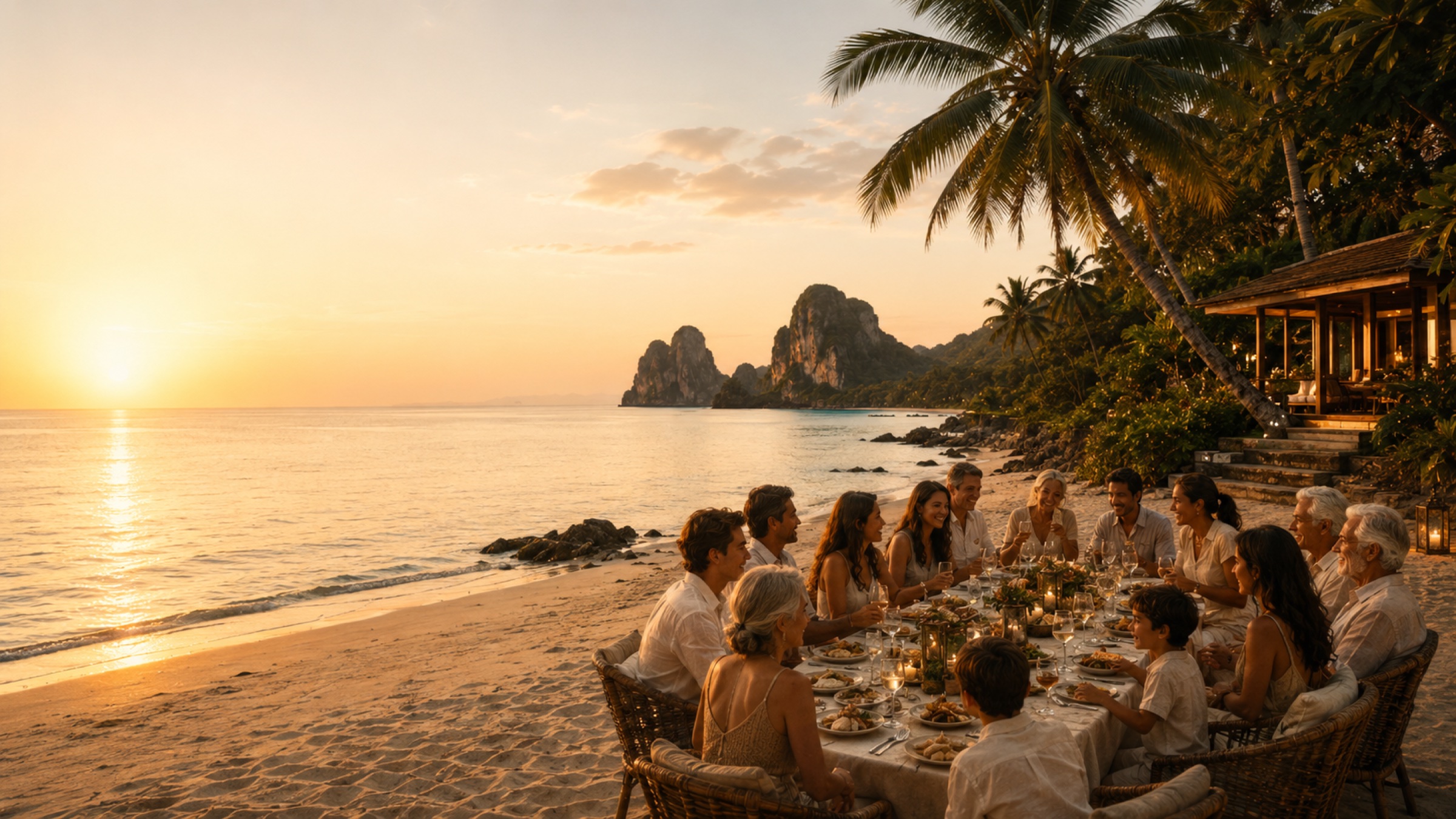 A multigenerational family sharing a candlelit beach dinner at sunset on Koh Yao Noi